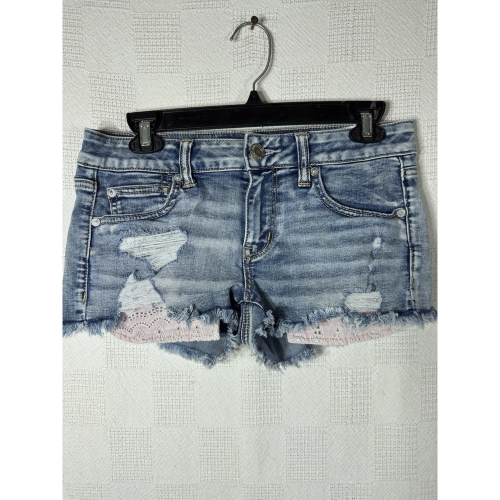 American Eagle Denim Distressed Shortie Shorts With Pink Lace Size 6